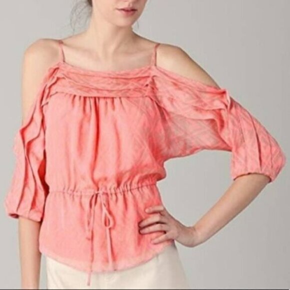 Rebecca Taylor Silk Top Size 4 Coral Pink Taupe Geo Print Off Shoulder Lined - Picture 1 of 10